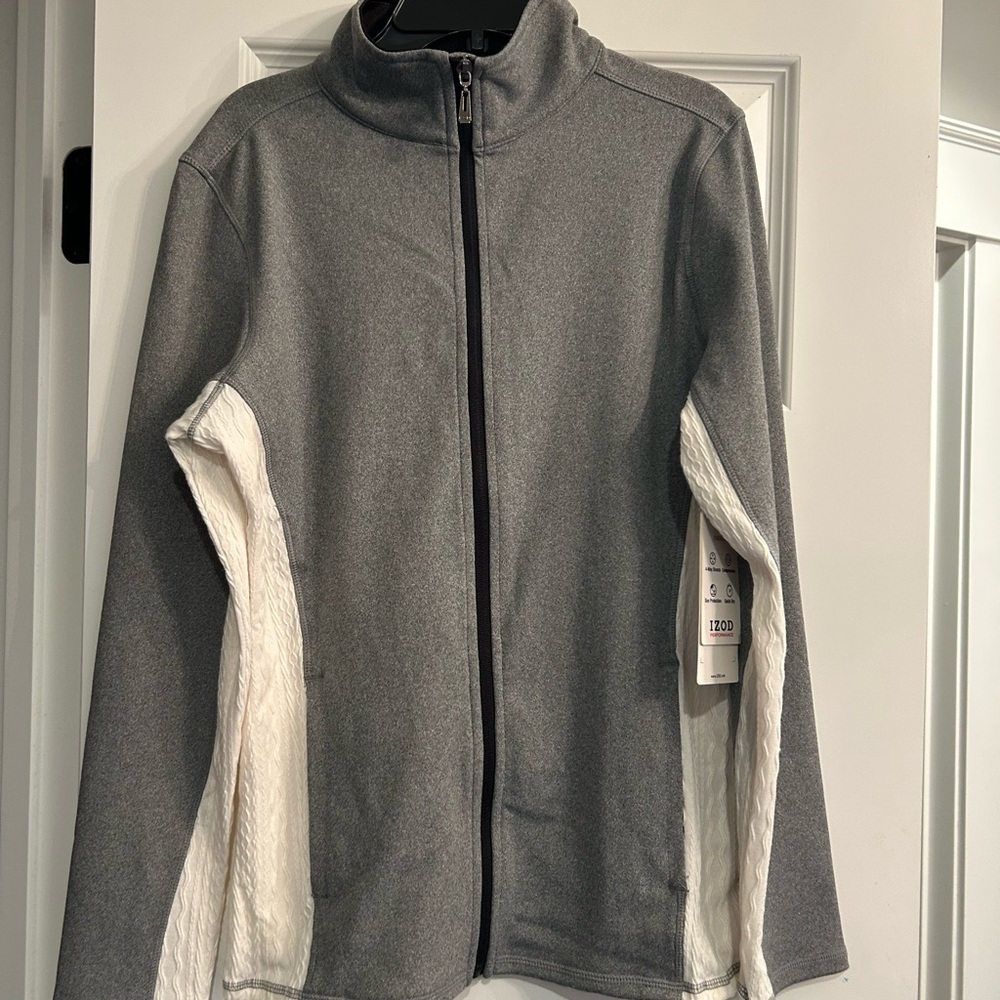 New w/tags izod Women's Textured Mixed Media Full-Zip jacket Gray & White